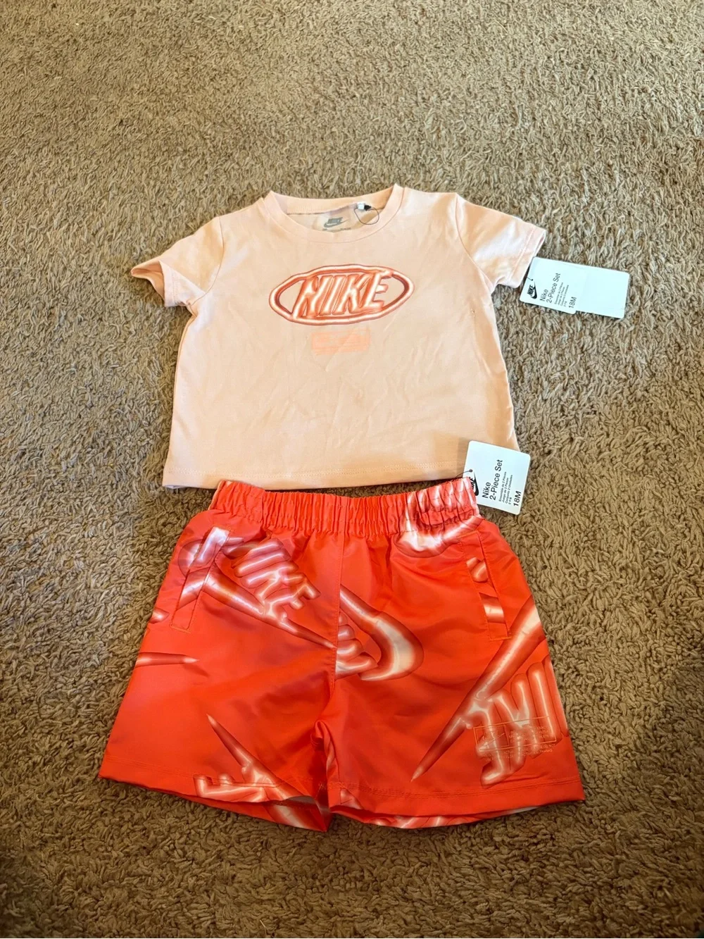 Nike Kids Peach Pink Short Set with Red-Orange Logo Shorts